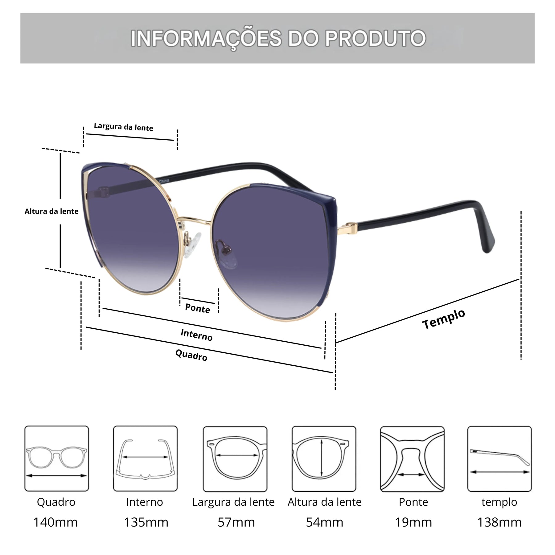 Óculos de Sol Feminino Tabela de medidas