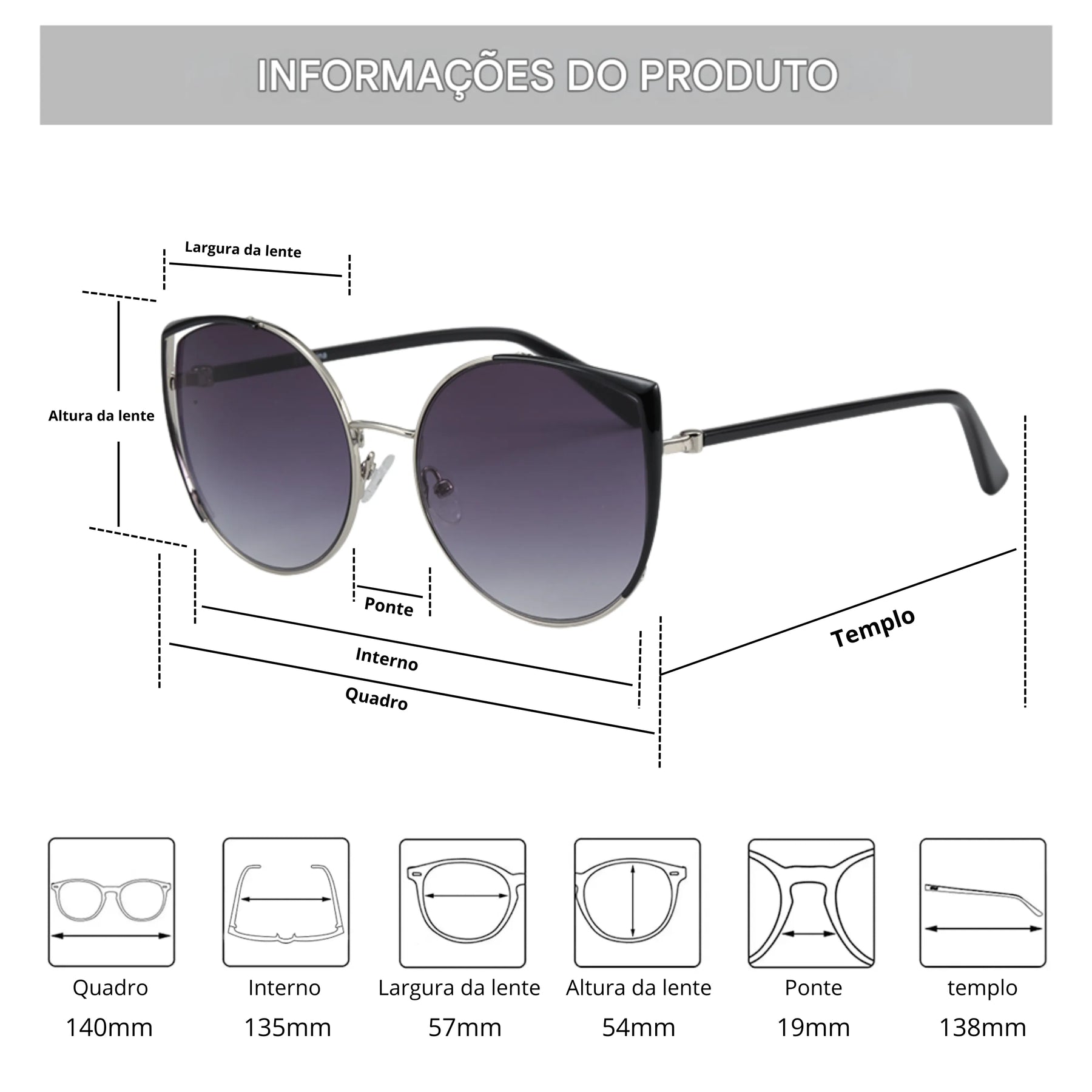 Óculos de Sol Feminino tabela de medidas