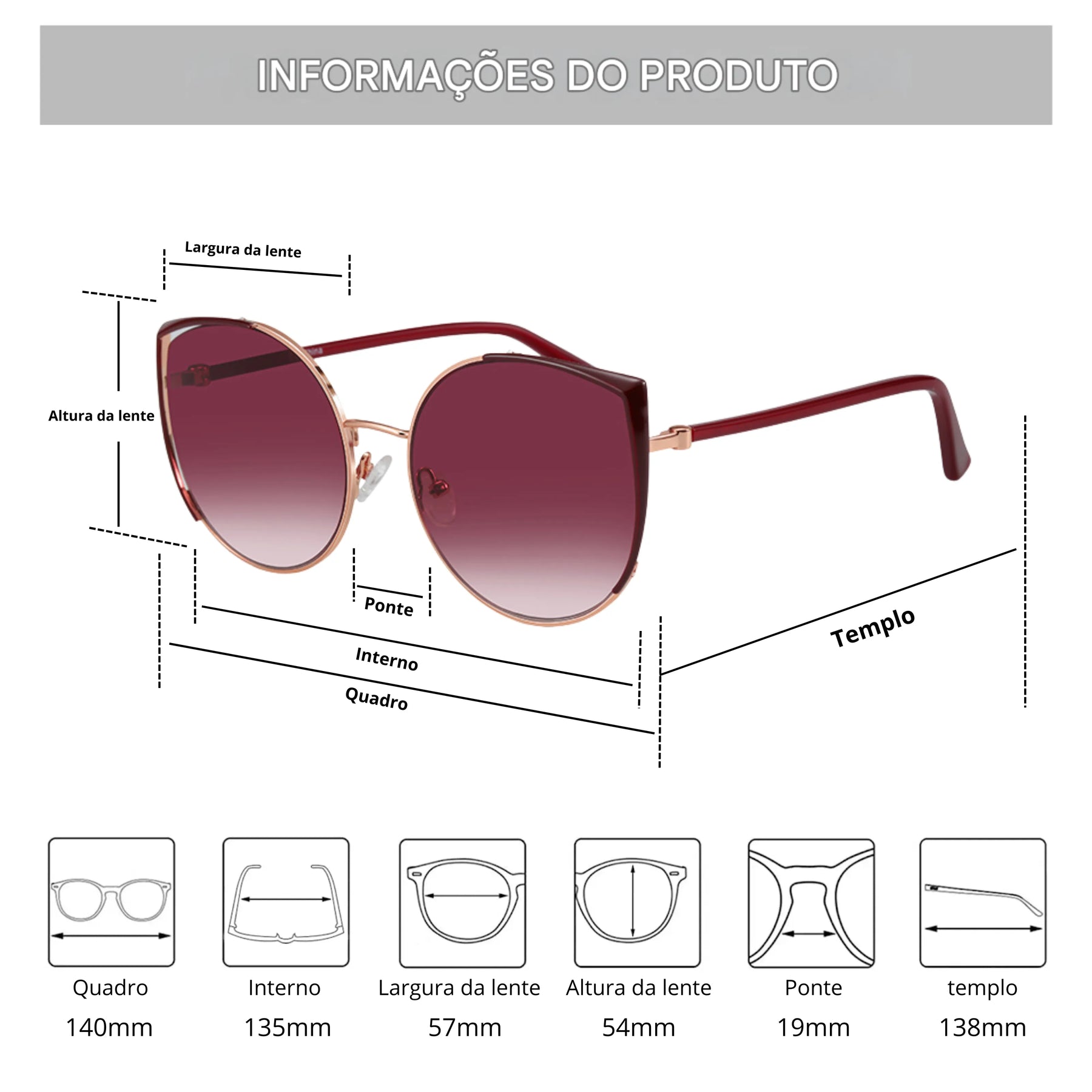 Óculos de Sol Feminino tabela de medidas