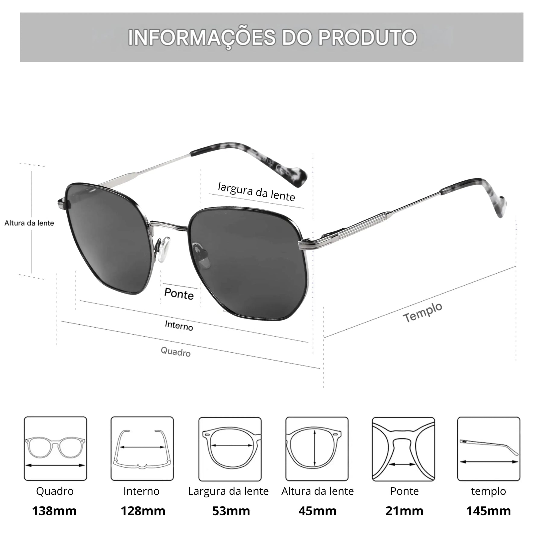 Óculos de Sol feminino medidas