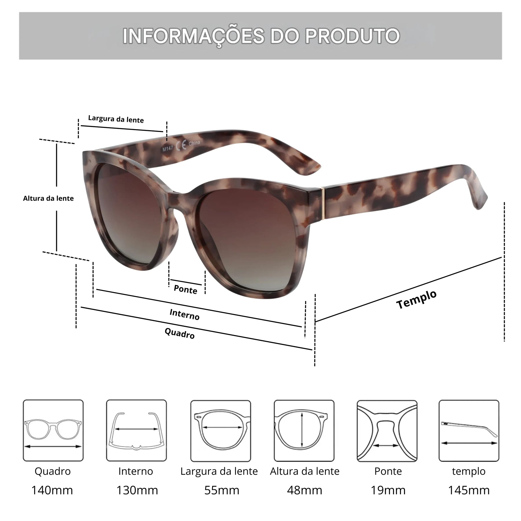 Óculos de Sol feminino medidas