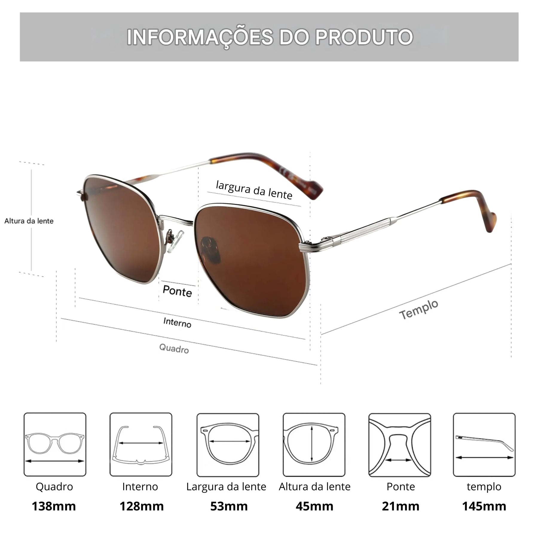Óculos de Sol Feminino Quadrado Tabela de medidas